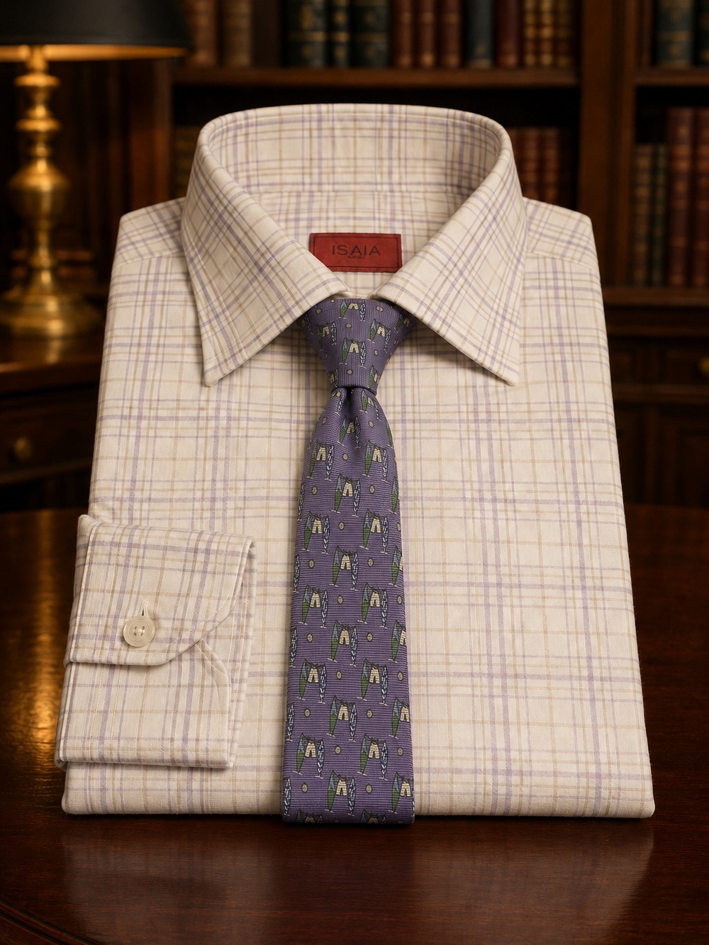 Isaia Cream Dress Shirt with Lavender Windowpane Checks and Paired Rubinacci Tie